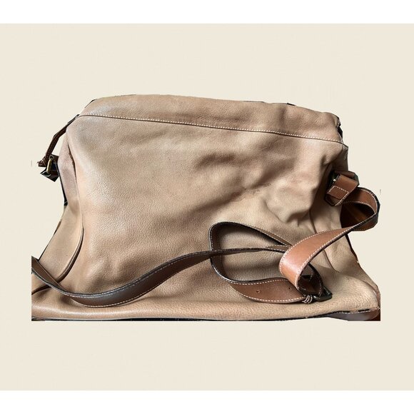 Italian Leather Shoulder Crossbody Bag 1990s –Two‑Tone Brown – Drawstring Buckle - Picture 7 of 8